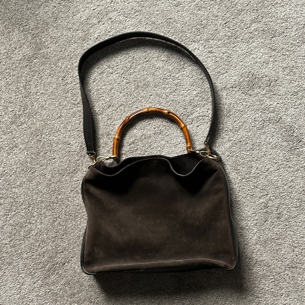 Gucci Dark Brown Suede Shoulder Bag with Bamboo Handle - Picture 3 of 6